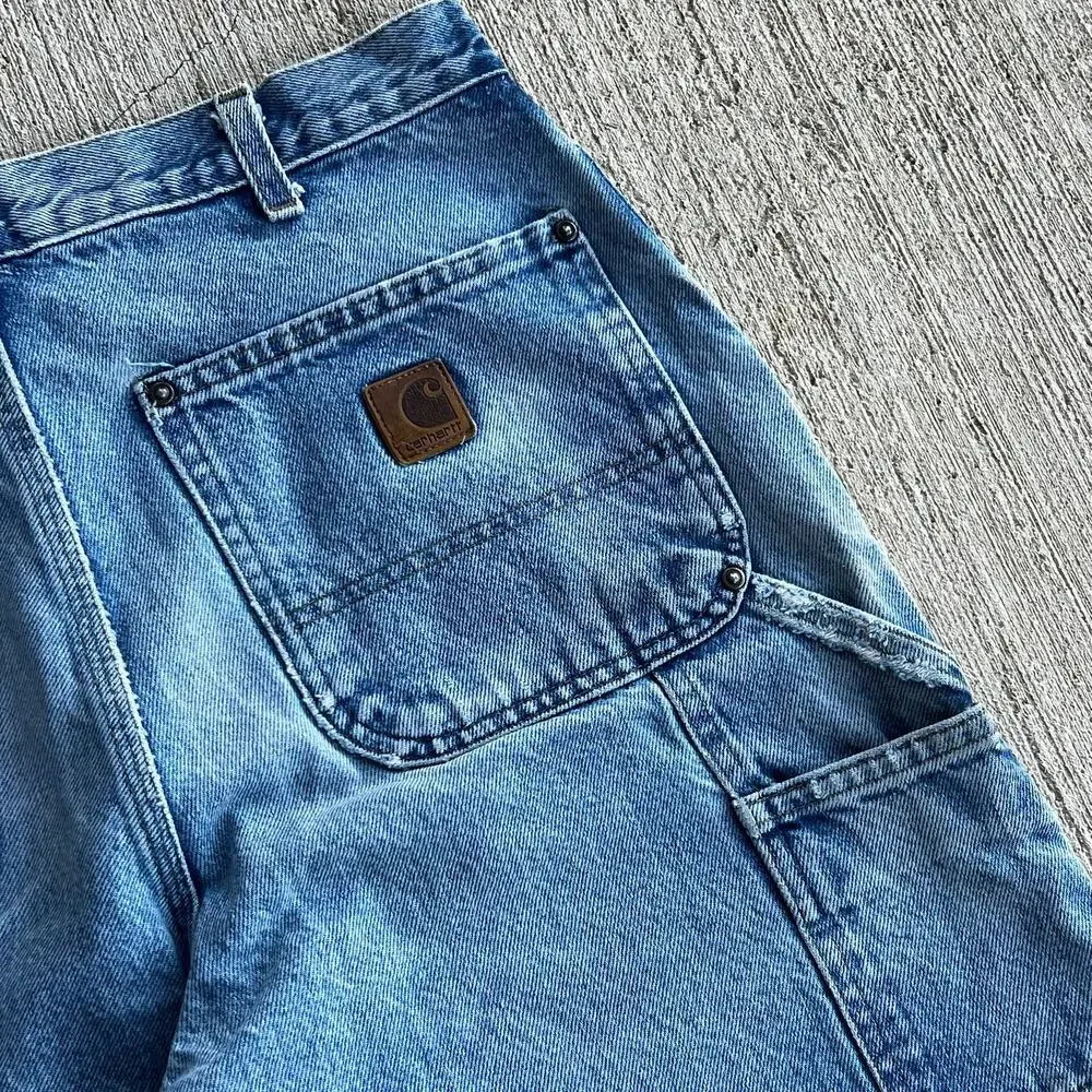 Carhartt faded denim blue jean double knee work wear carpenter pants